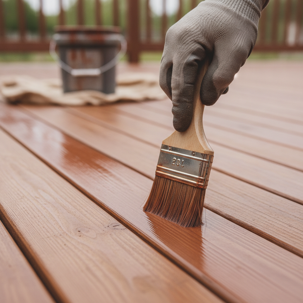 technician doing Deck Staining, focus on the hand doing deck staining